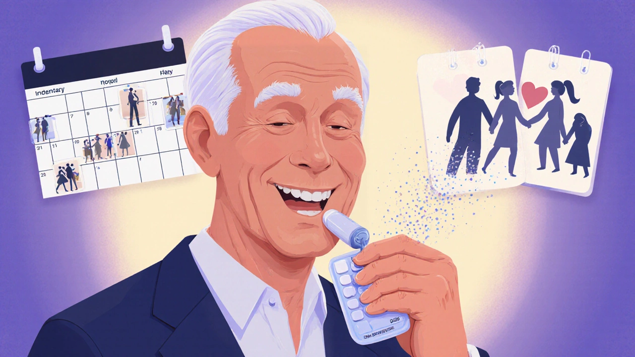 An older man taking a daily low-dose pill with a calendar showing romantic moments and a dissolving large pill.