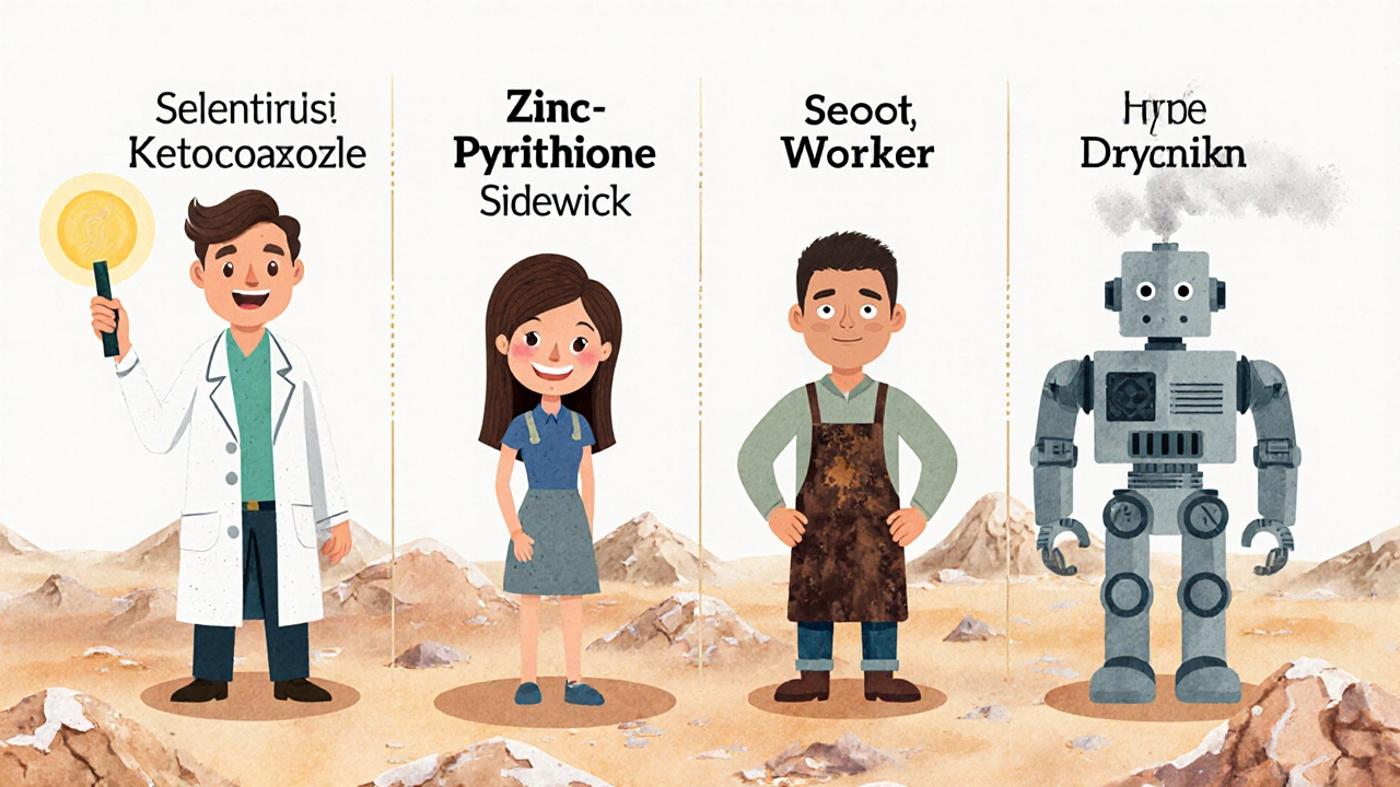 Cartoon characters representing different dandruff treatments on a scalp battlefield