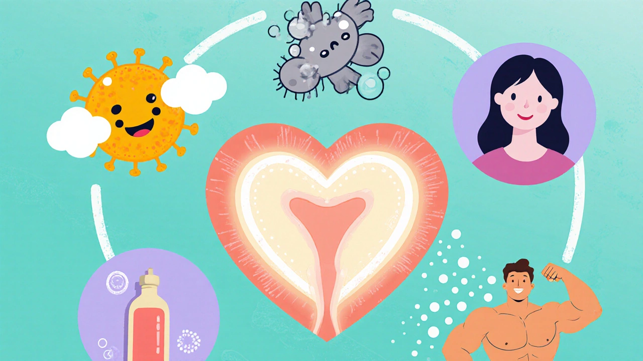 Cartoon icons around a pelvis showing yeast, bacteria, menopause, irritants, and pelvic floor dysfunction.