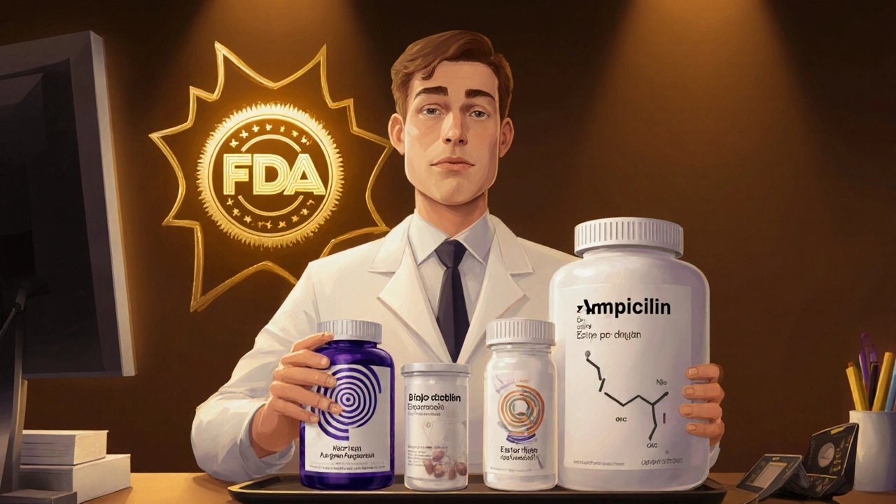 Cartoon of doctor comparing three new ampicillin formulations with FDA emblem behind.