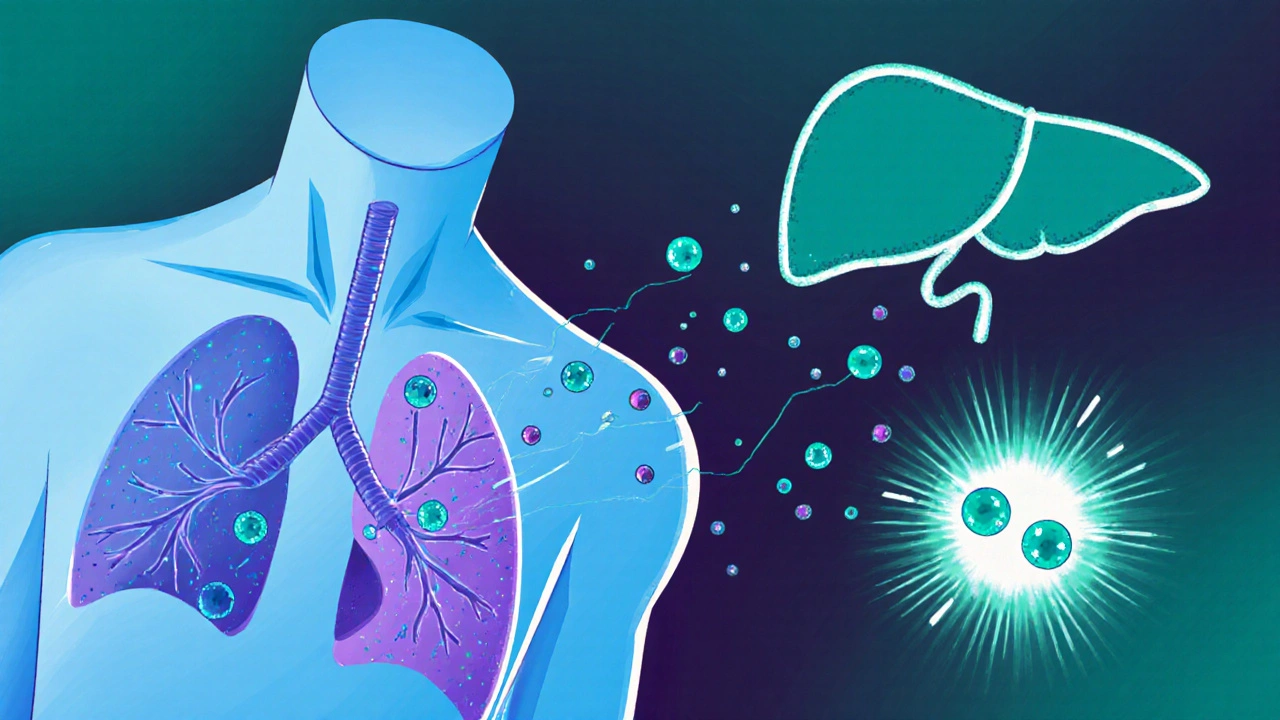 Cartoon of glowing nanocarriers delivering medicine to lungs while liver activates pro‑drug.