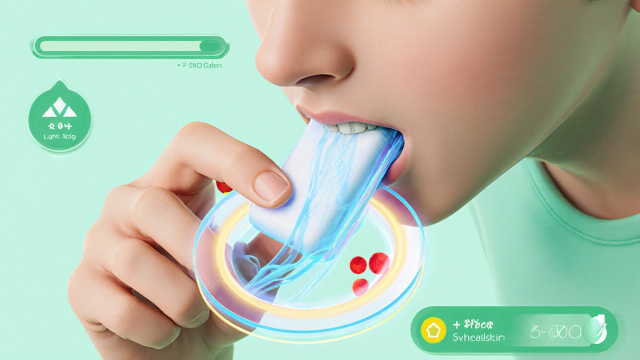 Character chewing gum, blue saliva flows to tighten LES, health bar rises.