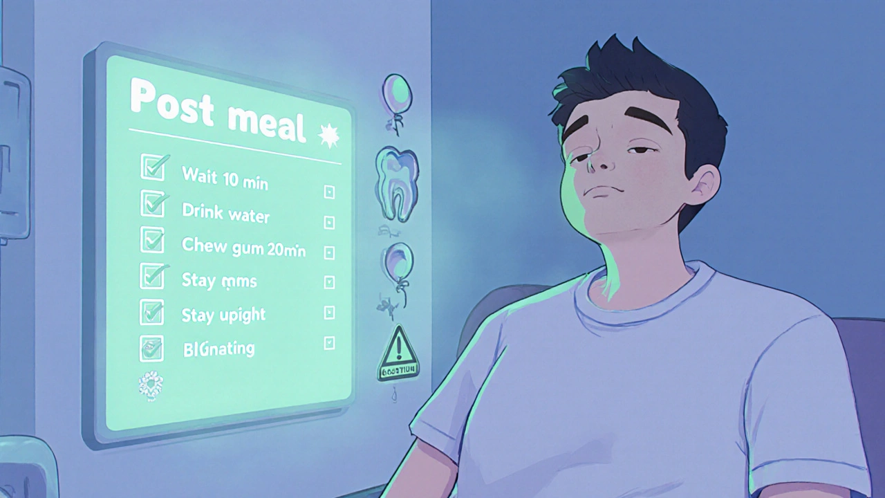 Character following a floating post‑meal checklist, HUD shows gum routine and side‑effect warnings.