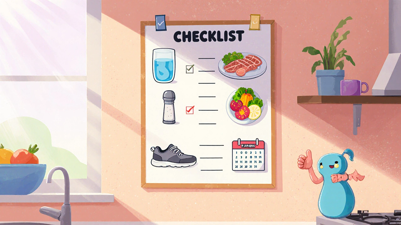 Checklist board with icons for hydration, low sodium, balanced meals, exercise, and weekly weigh‑ins.