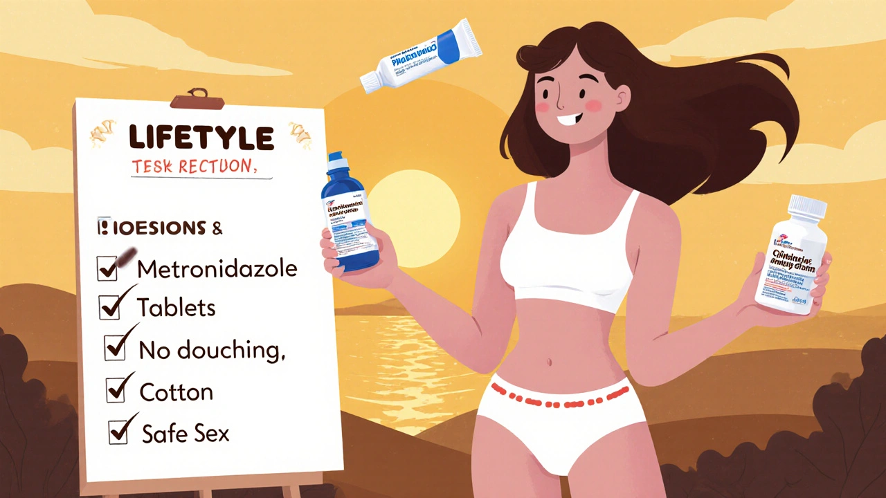Confident woman holding Metronidazole and Clindamycin, with a probiotic capsule and cotton underwear.