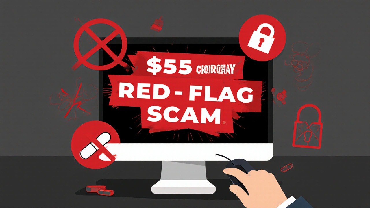 Dark computer screen with a price banner, red warning icons, and a counterfeit pill warning.