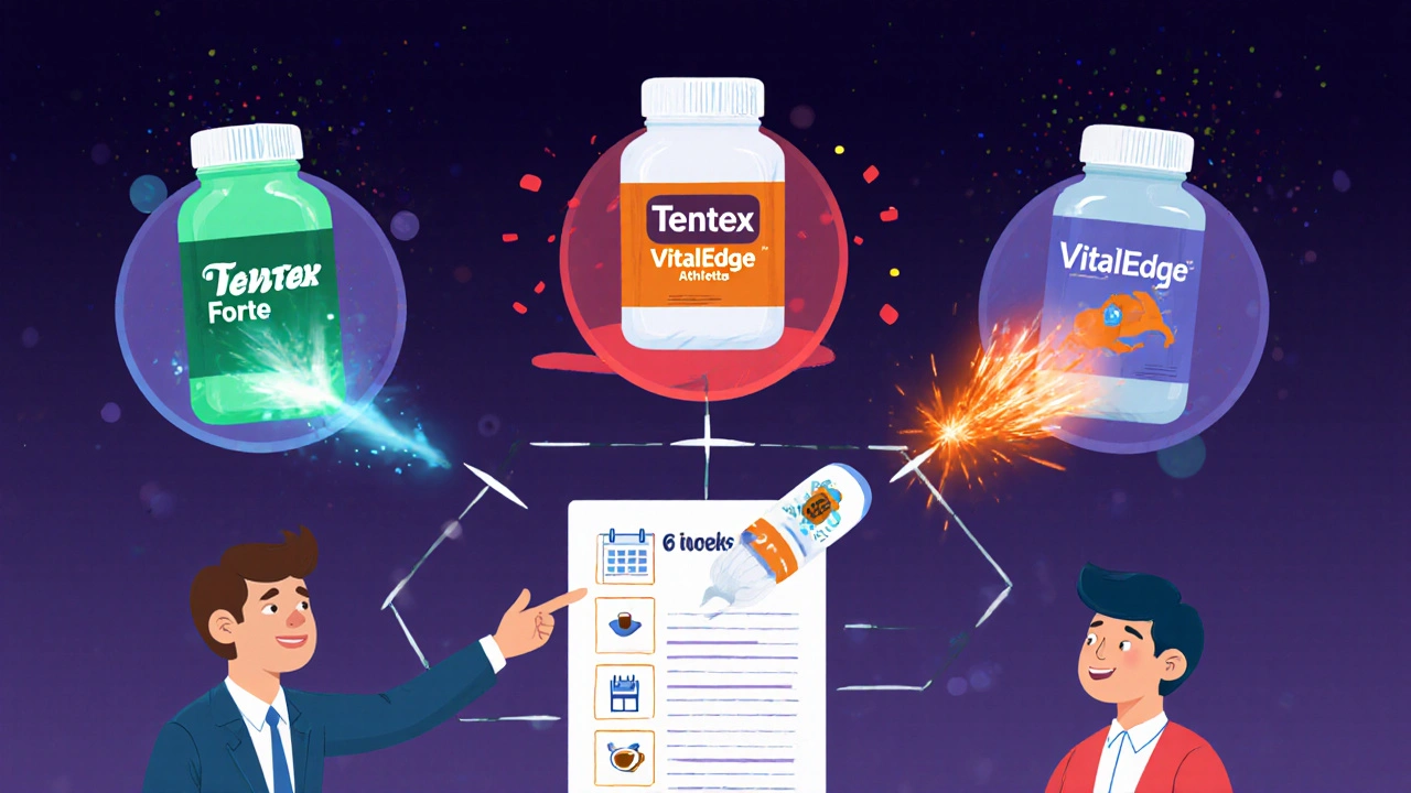 Decision tree with office worker, athlete, and student choosing between Tentex Forte and other supplement bottles.