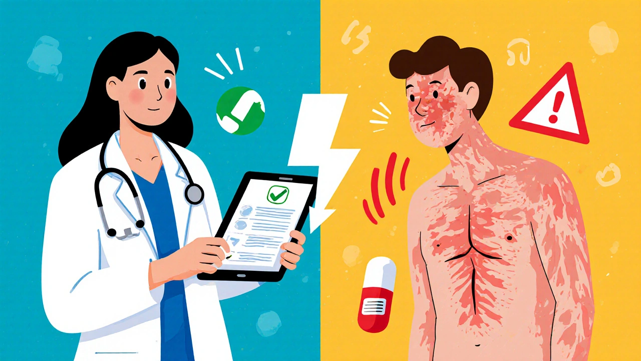 Doctor and patient with split scene: one side safe drug reaction, other side severe skin reaction from genetic variant.