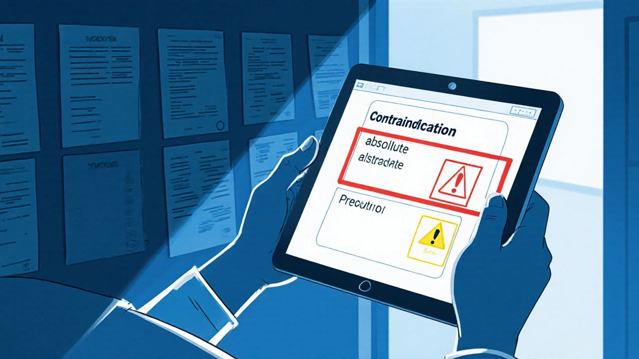 Doctor holding a tablet showing highlighted contraindication and precaution warnings.