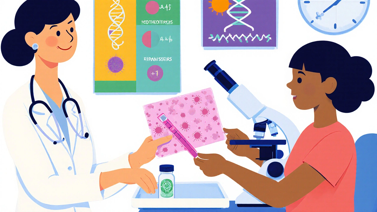Doctor showing a microscope slide with clue cells and a pink litmus strip in a bright clinic.