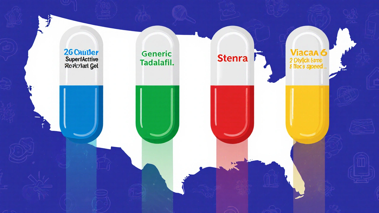 Four different ED pills floating with color-coded duration trails against a U.S. map background.