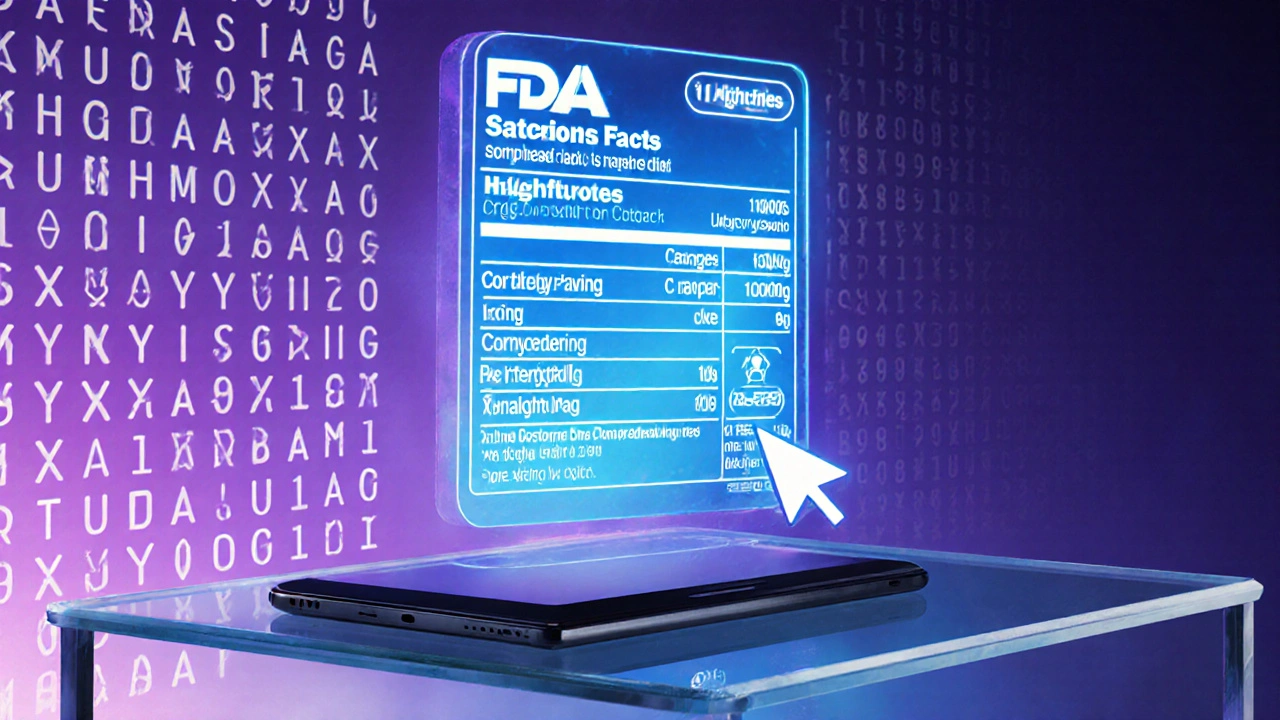 Futuristic holographic drug label hovering over a tablet with animated sections.