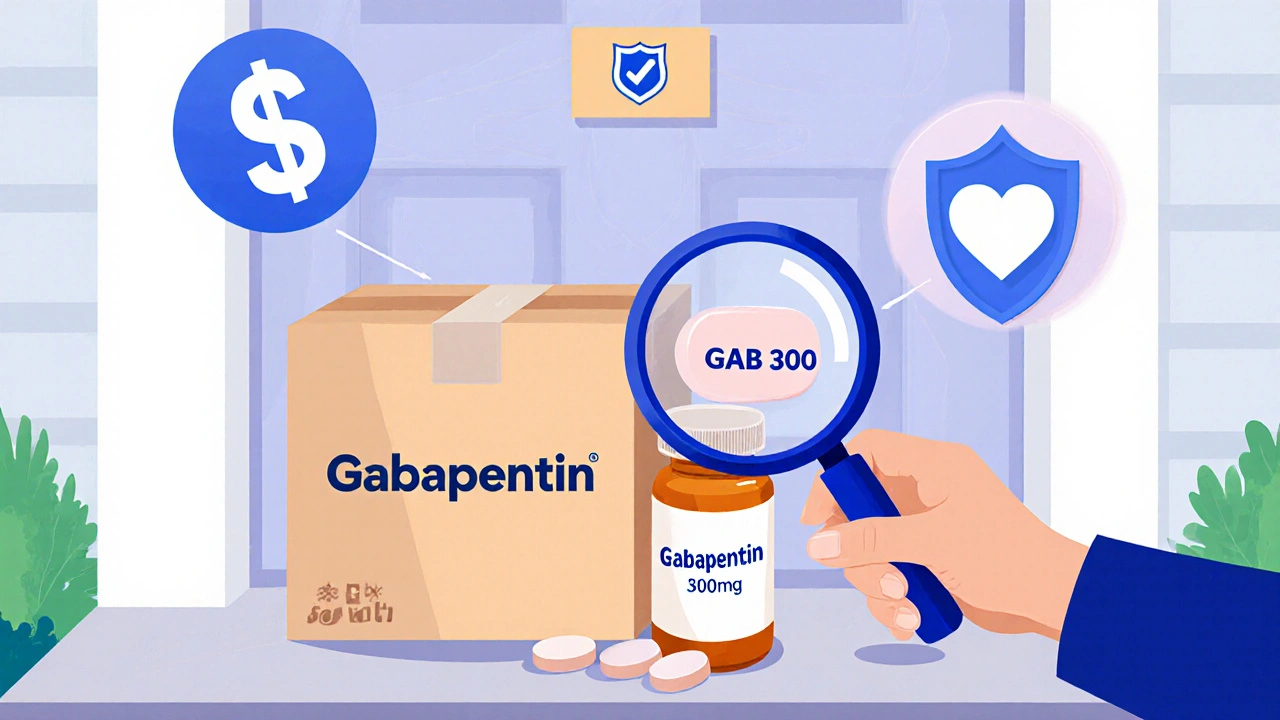 Hands inspecting delivered gabapentin bottle and pills with safety symbols.