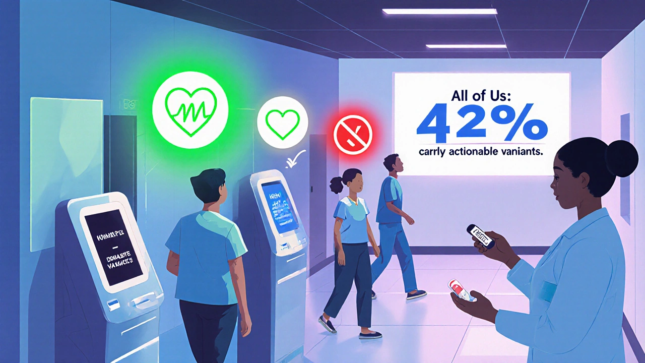 Hospital hallway with DNA kiosks displaying personalized drug safety icons above walking patients.