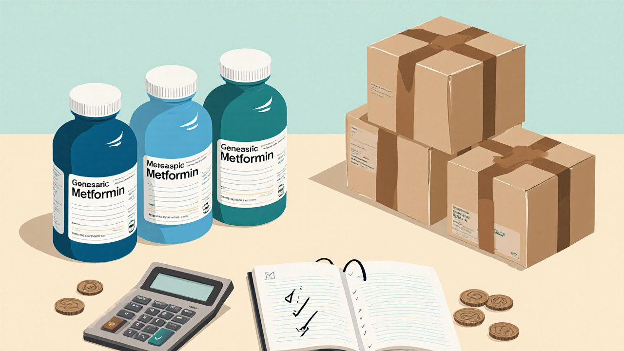 Illustrated kitchen counter with metformin bottles, shipping boxes and a calculator.