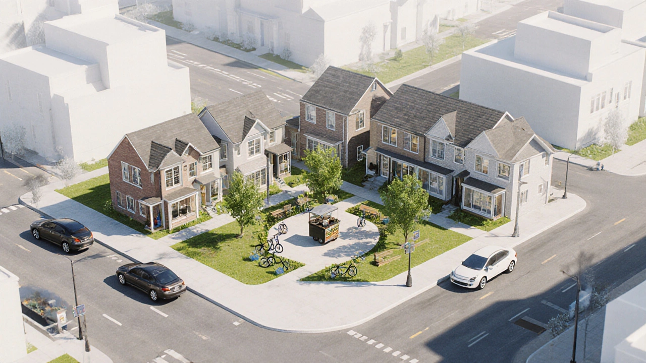 Isometric layout of a low‑rise block with homes, park, coffee cart, and bike racks.