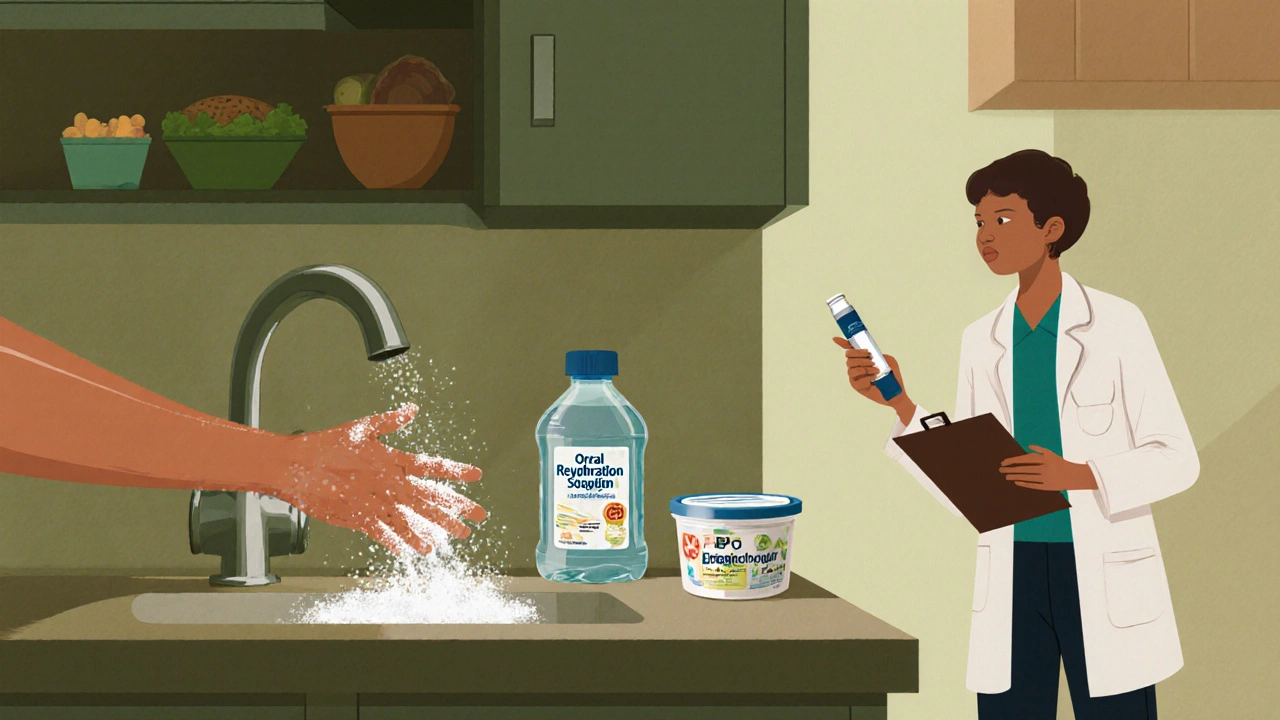 Kitchen scene with hand washing, rehydration drink, probiotic yogurt, and epinephrine injector beside a doctor.