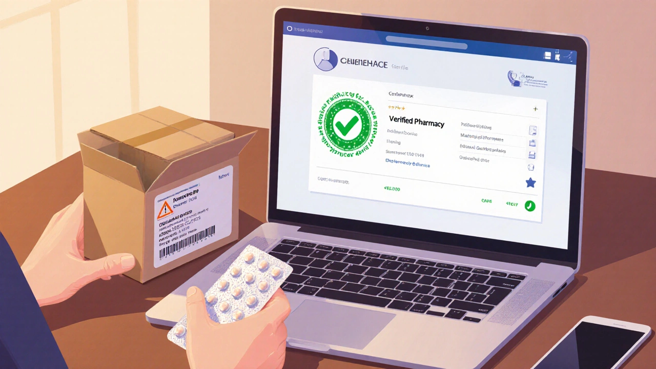 Laptop screen showing a pharmacy seal and a sealed medication package beside it.