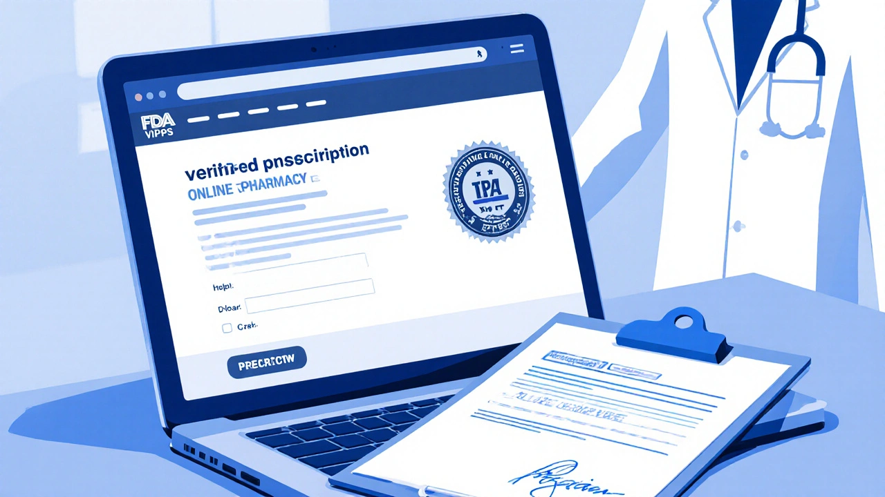Laptop showing a verified pharmacy site with prescription upload and FDA VIPPS seal, next to a prescription paper.