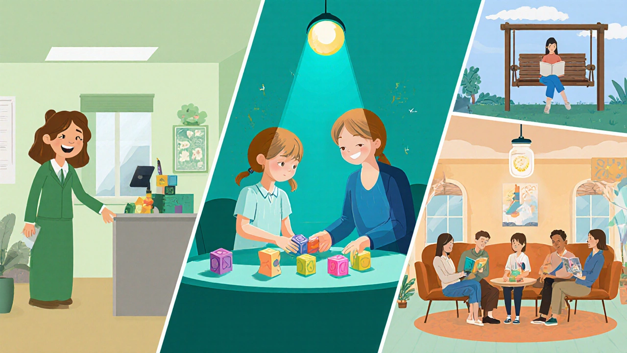 Montage showing school counselor, therapist, family therapy, and parent self‑care activities.