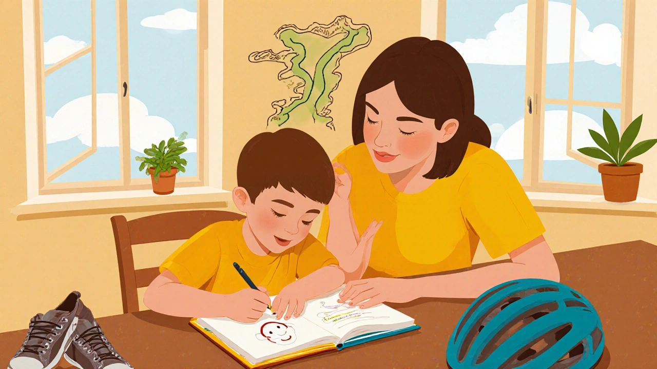 Parent and child filling a Mood Diary together in a sunny kitchen.