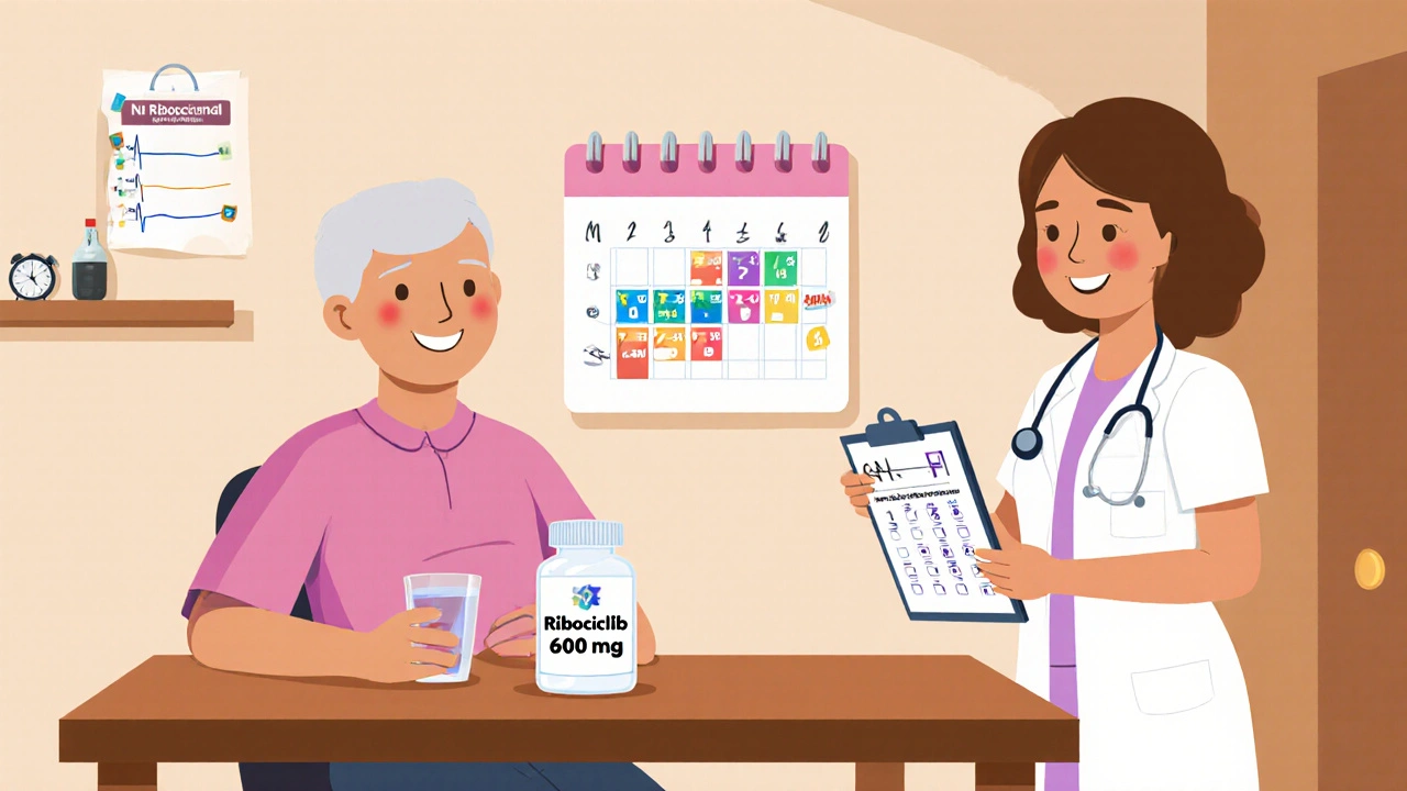 Patient at home with pill bottle, calendar cycle, nurse showing blood test and ECG.