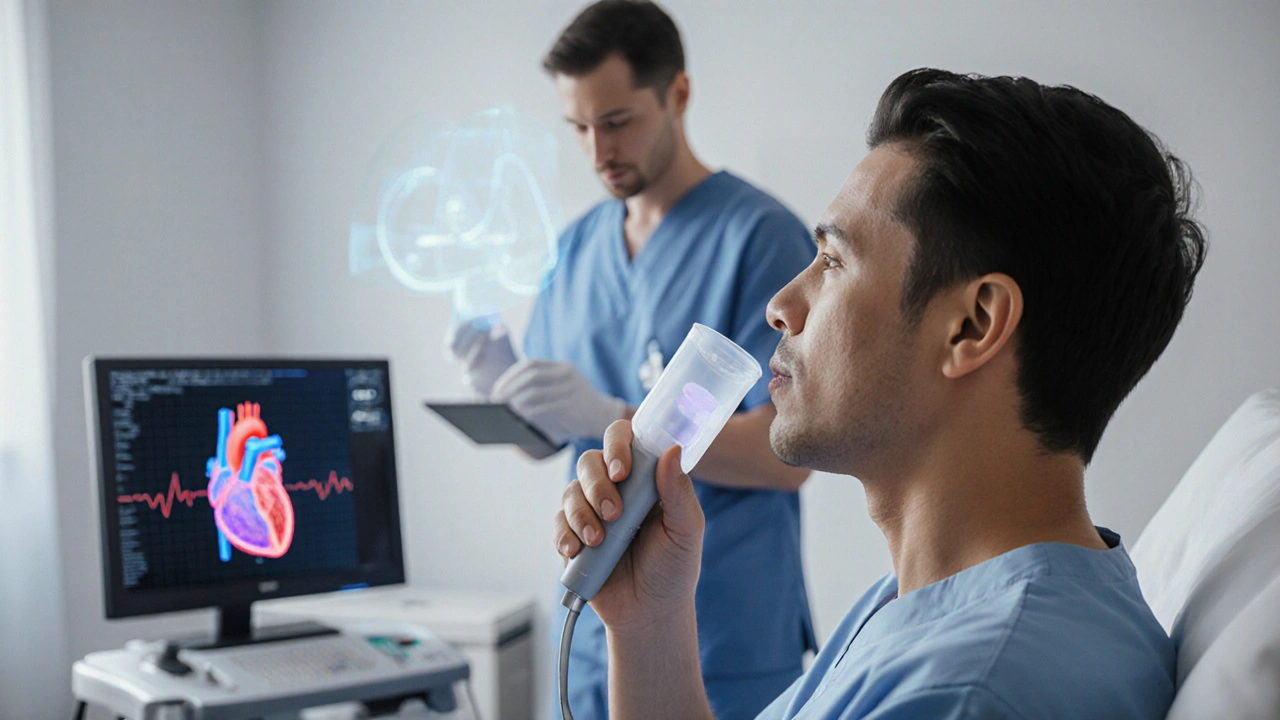Patient doing Valsalva while doctor readies catheter ablation in clinic.