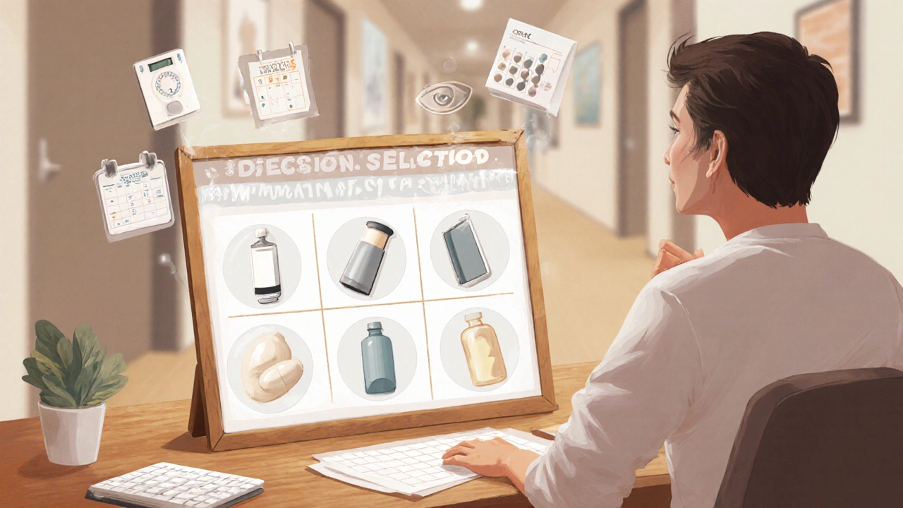 Patient reviewing a board with syringe, inhaler, and pill icons, surrounded by health monitors.