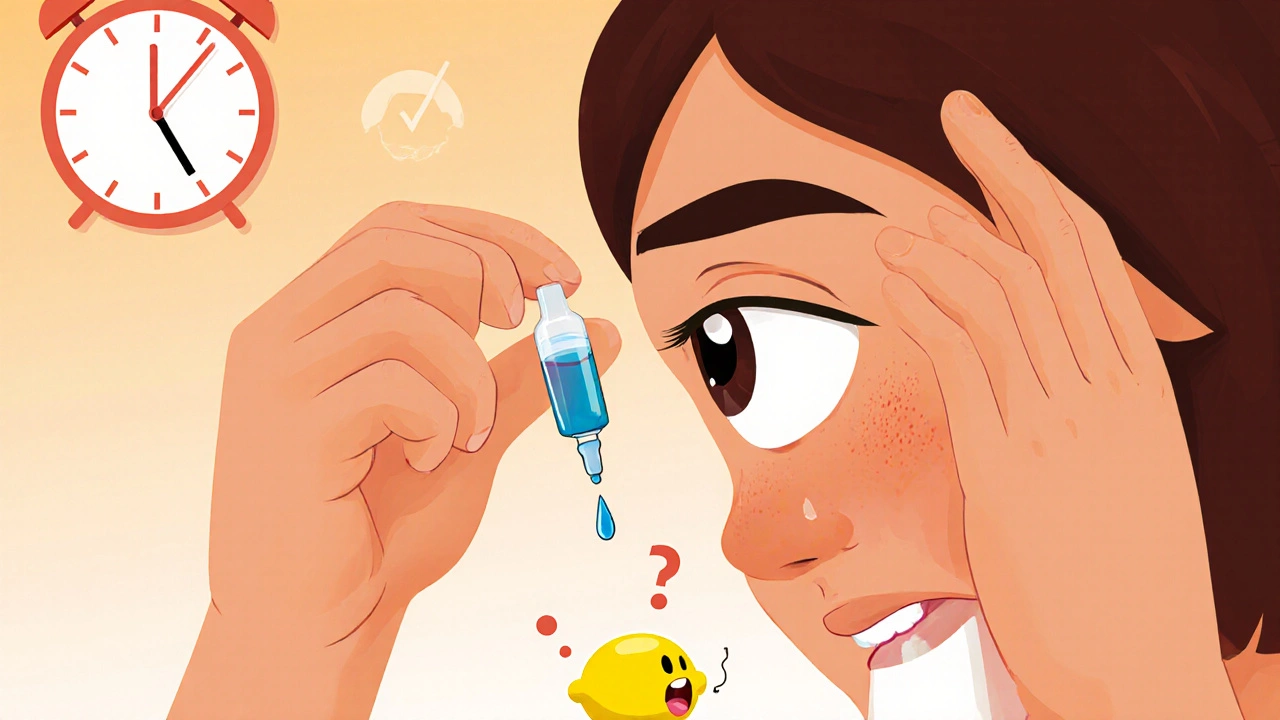 Person applying eye drop while pressing inner corner, bitter taste shown as lemon