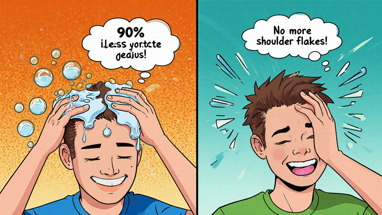 Person massaging shampoo into scalp, transitioning from flaky to healthy hair