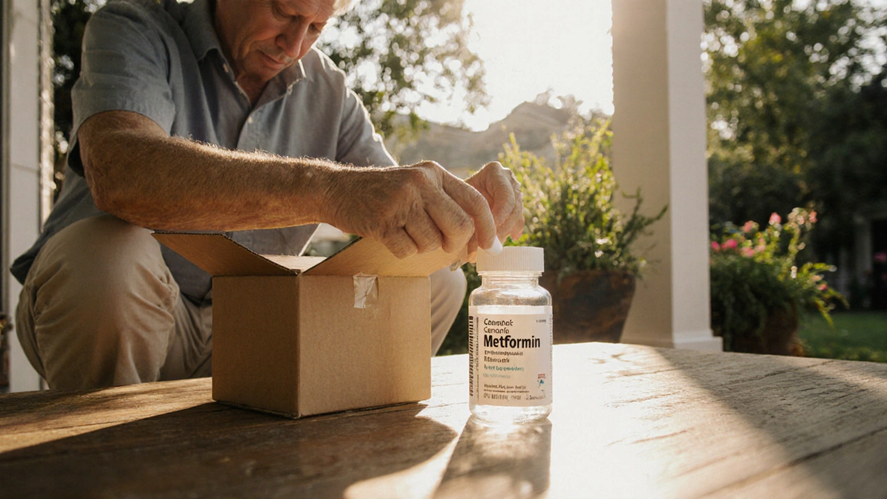 Person opening a delivery box and checking a metformin bottle on a sunny porch.