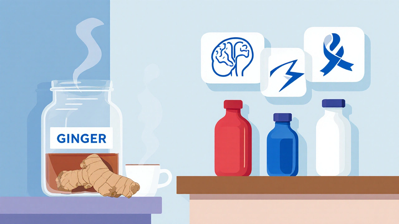 Pharmacy counter displaying ginger tea and colored prescription bottles with icons for gut, brain, and serotonin effects.