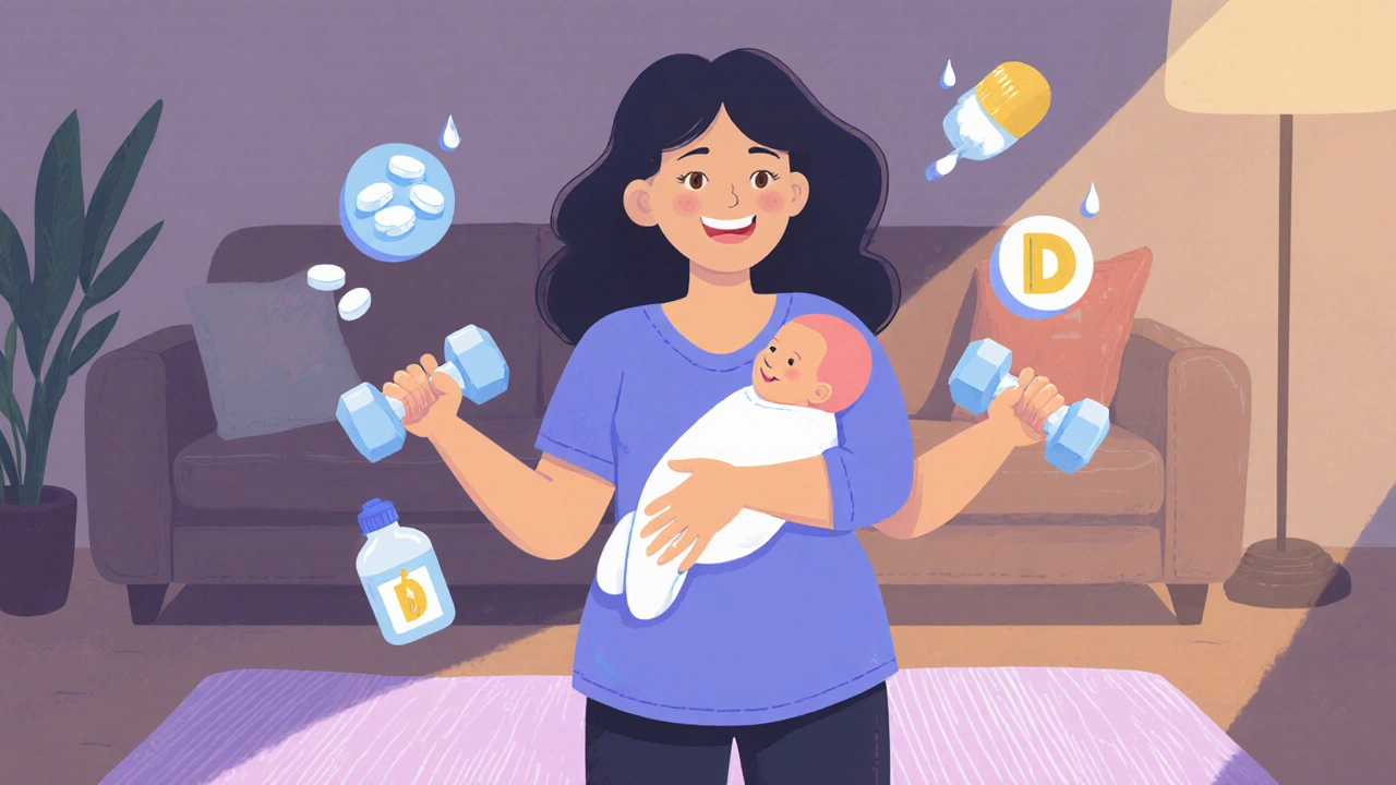 Postpartum mother holding baby while doing light dumbbell exercise with supplement icons.