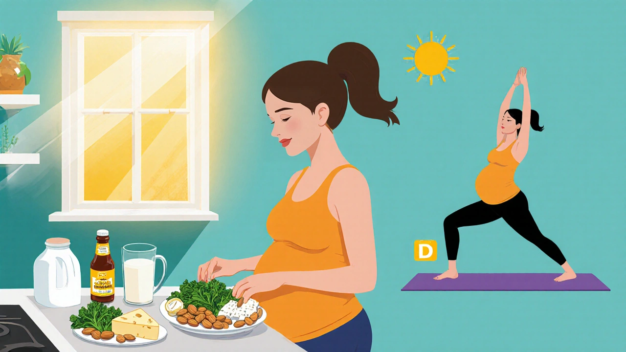 Pregnant woman preparing calcium‑rich foods and doing prenatal yoga in sunny kitchen.