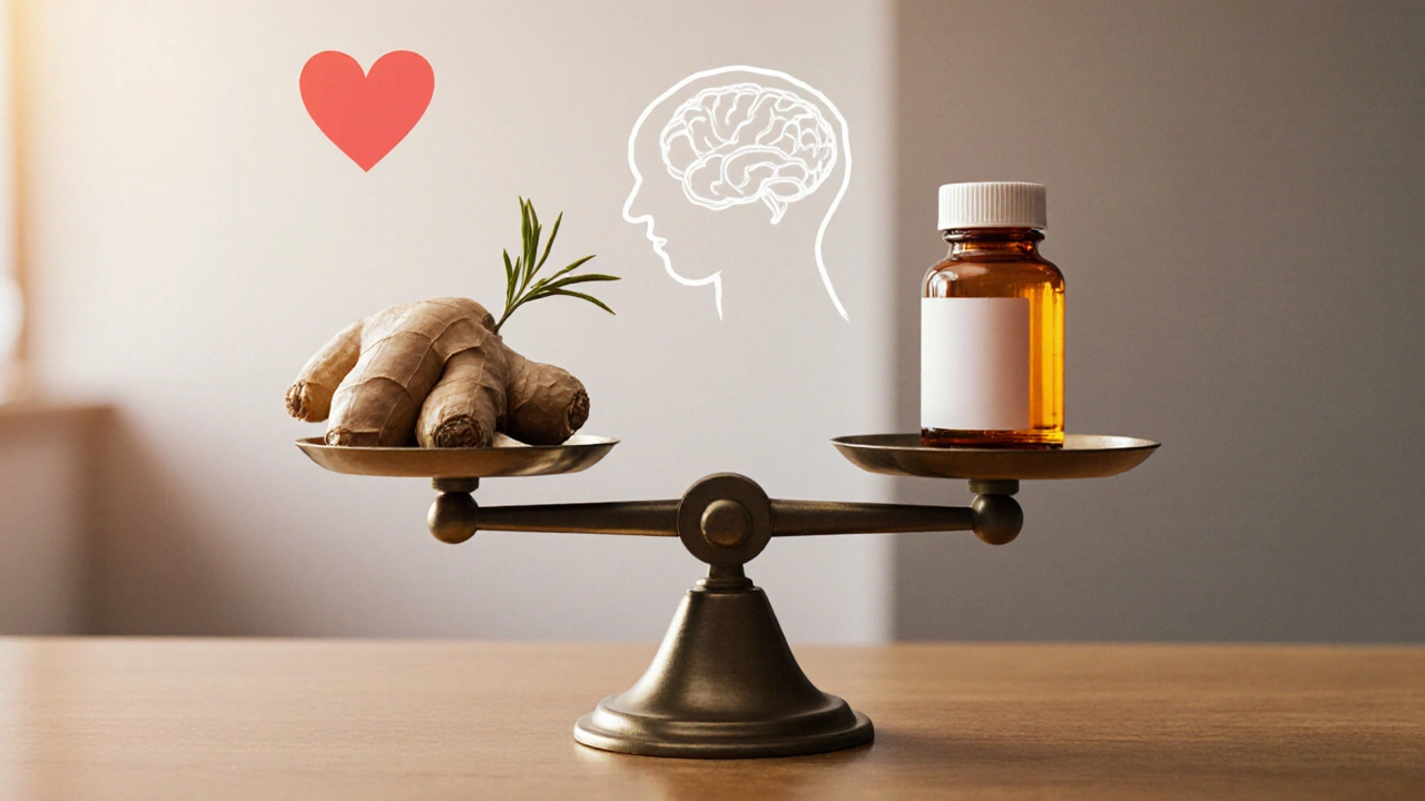 Scale balancing ginger root against a prescription bottle, with subtle heart and brain outlines in the background.