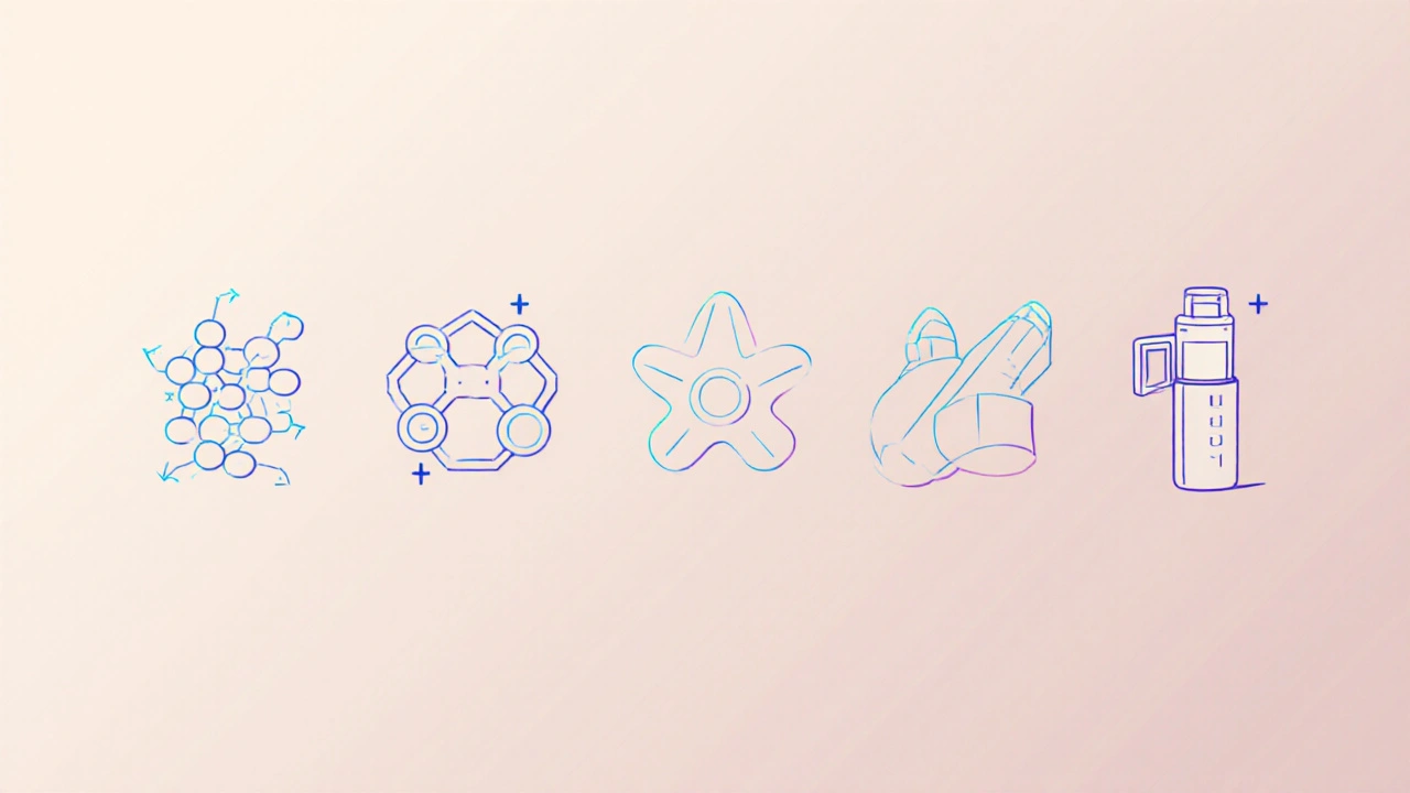 Six stylized icons showing different corticosteroid molecules arranged by potency.