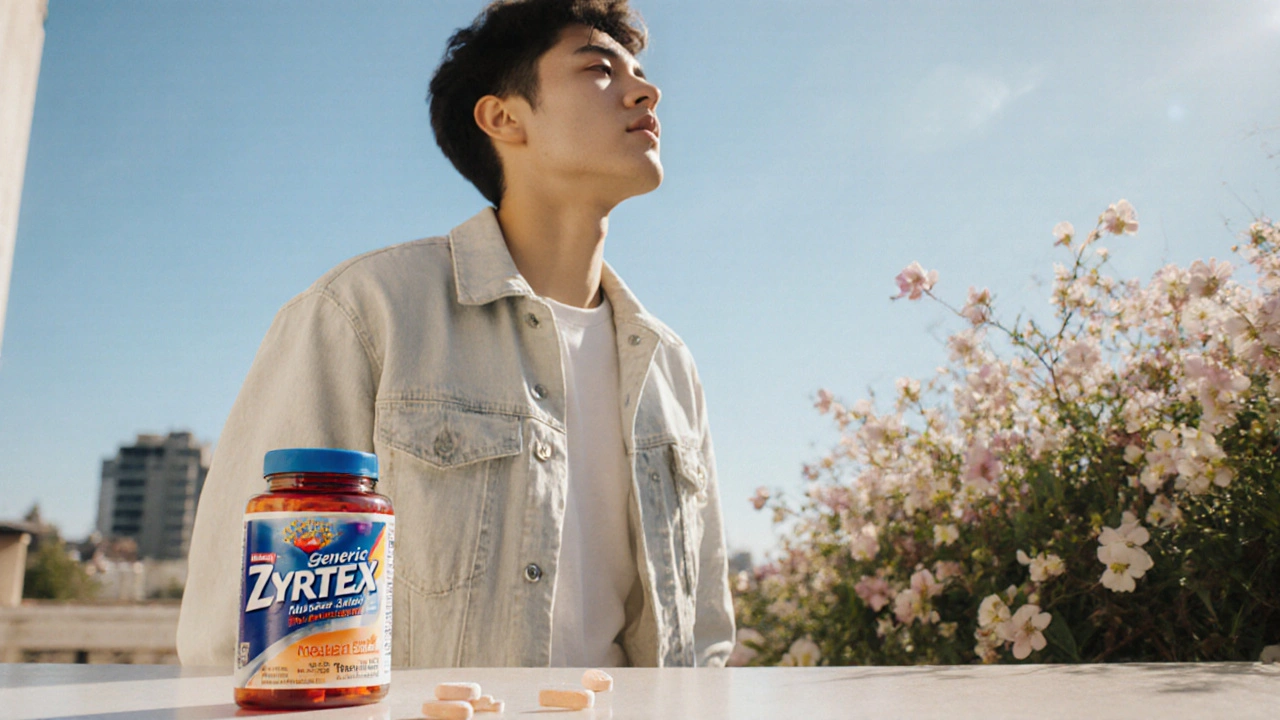 Smiling person on a balcony enjoying fresh air after taking generic Zyrtec.