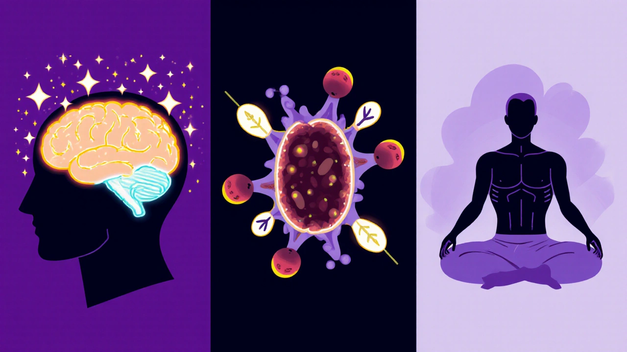 Split‑panel showing brain dopamine boost, glowing mitochondria for energy, and calm figure for stress relief.
