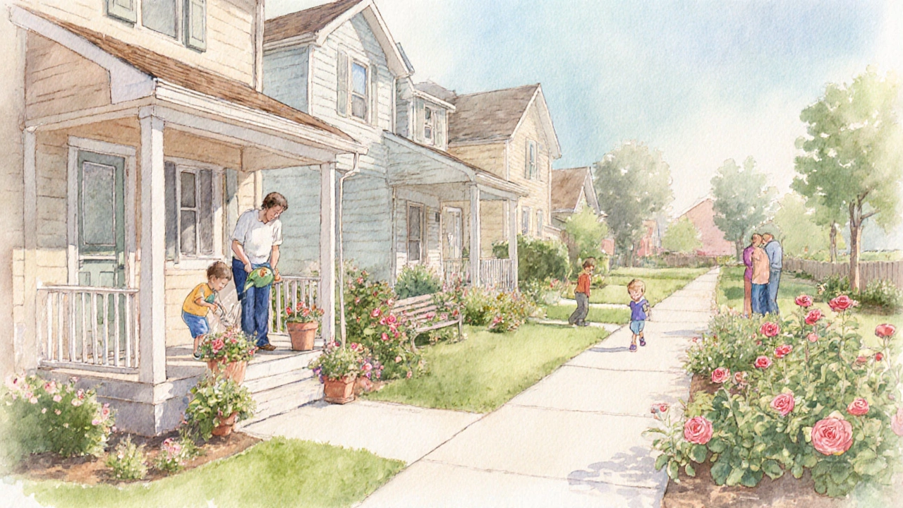 Street scene showing neighbors chatting on porches near a community garden.