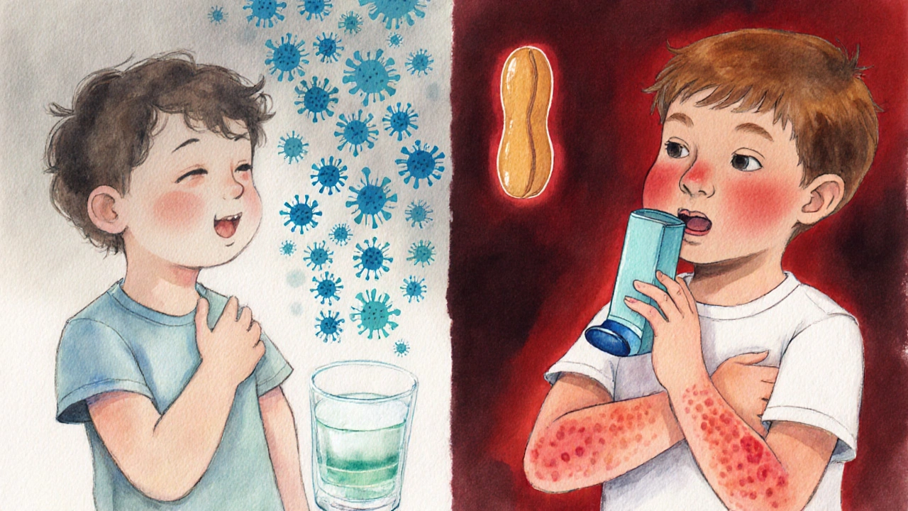 Two panels: left shows a child with stomach pain and virus icons; right shows a child with hives and a peanut.