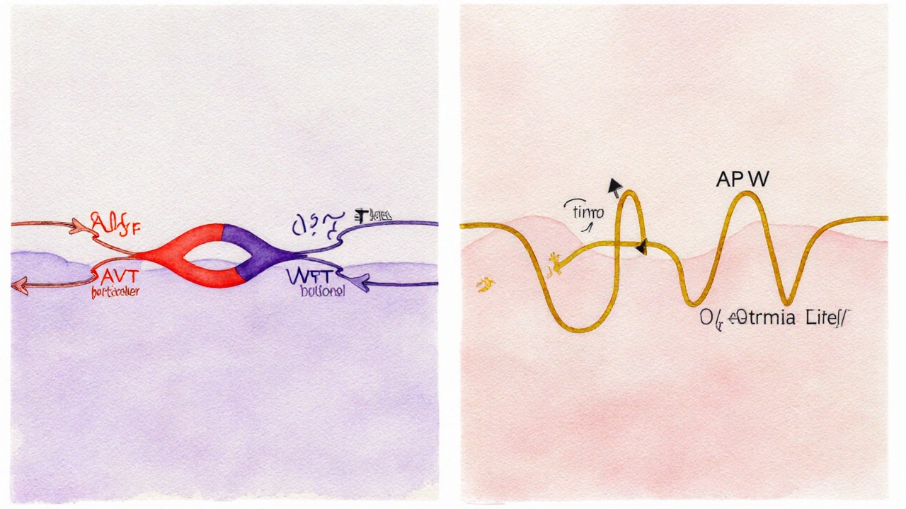 Watercolor split view of AVNRT loop and WPW accessory pathway circuit.