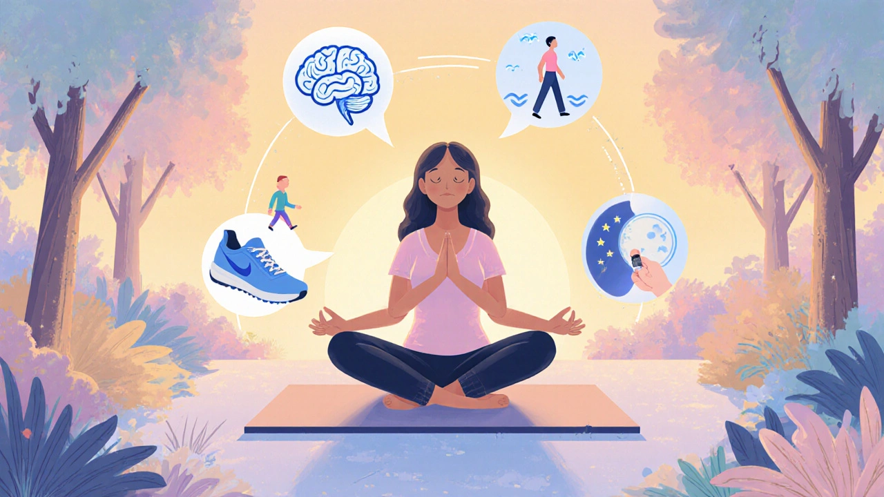 Woman in a sunrise garden practicing breathing with floating icons for therapy, exercise, sleep, and medication.