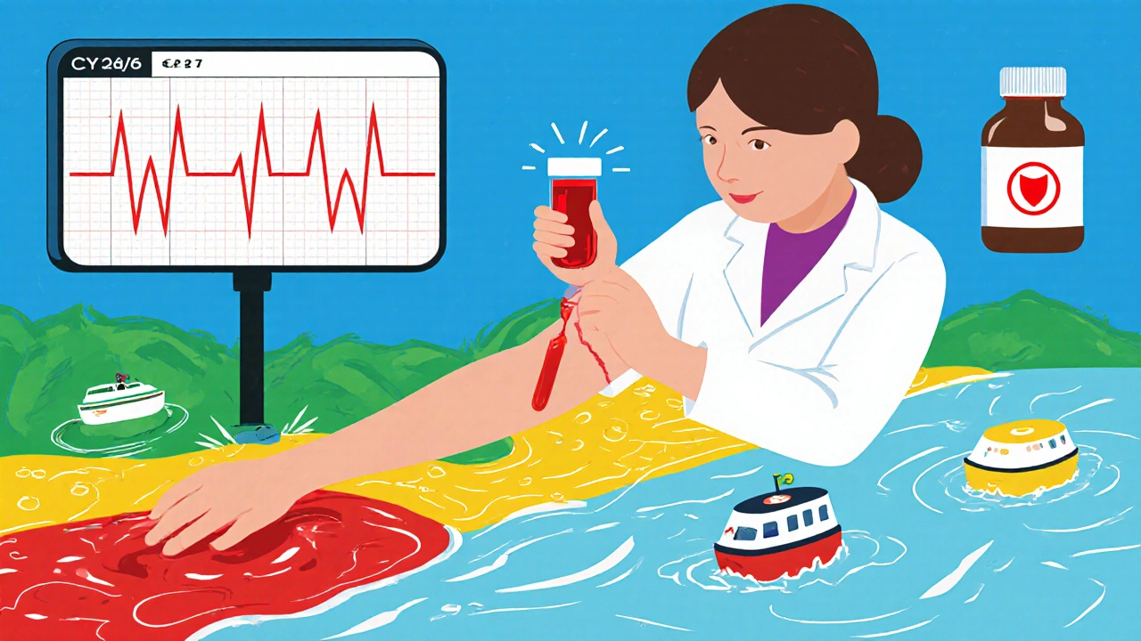 A blood sample flowing through color-coded safety zones with TCA molecules and ECG data in a clinical illustration.