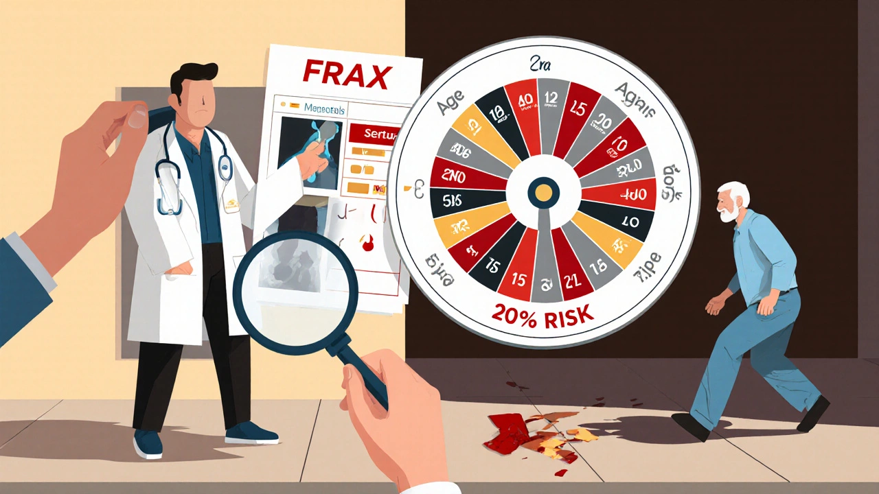 A doctor using FRAX calculator to assess fracture risk, with a patient’s shadow showing a broken hip.