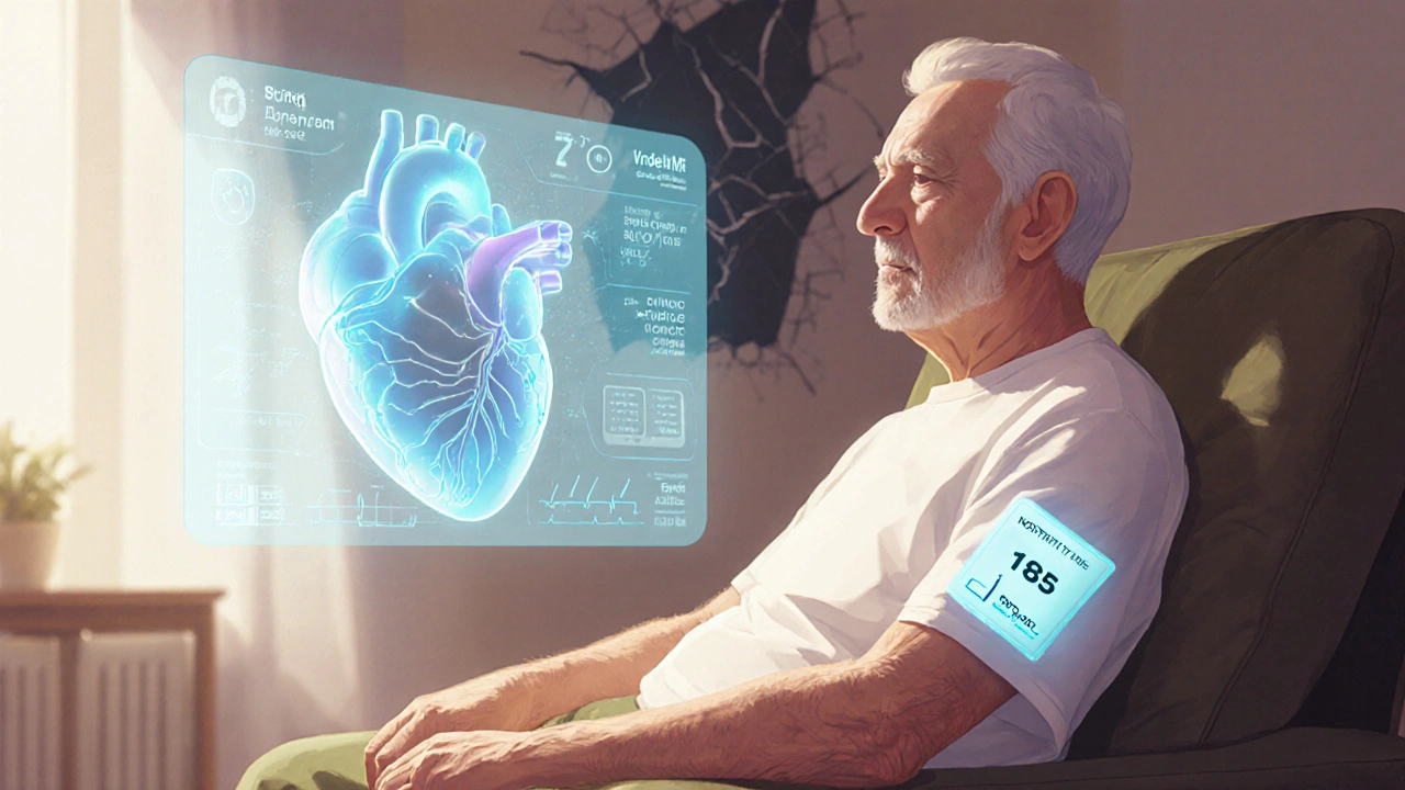 A glowing patch on an elderly patient&#039;s arm displaying real-time drug levels with an AI risk interface nearby.