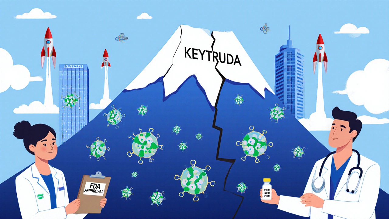 A mountain of Keytruda cracks open, releasing biosimilar drones as a patient holds a cheap vial and a shrinking pharma tower fades.