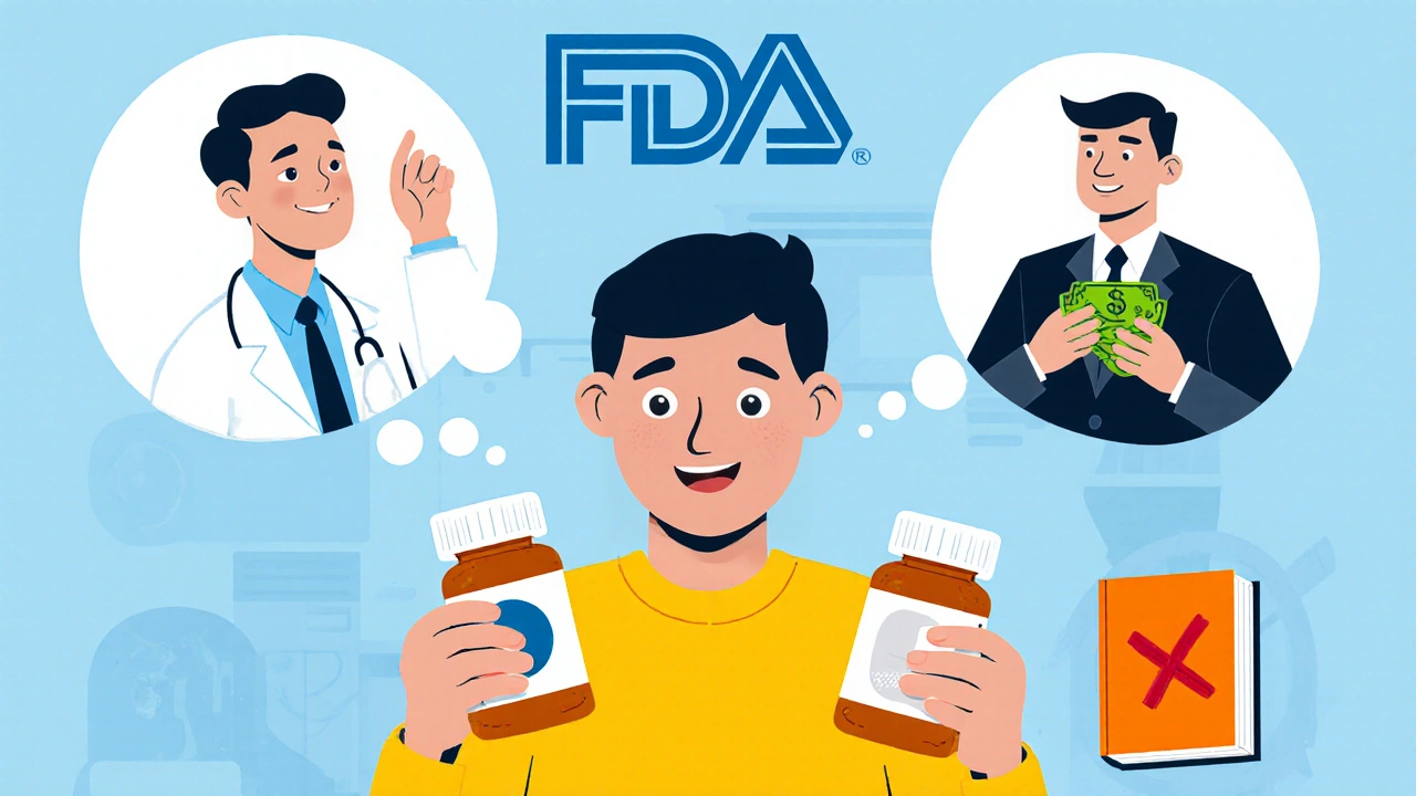 A patient holding two pill bottles with a thought bubble showing a doctor and a corporate figure, symbolizing cost vs. trust.