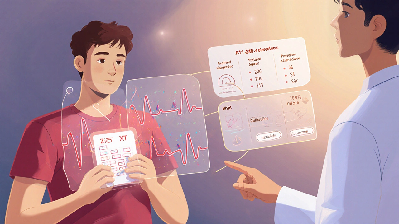 A patient wearing a heart-monitoring patch with holographic health data and a doctor using a risk calculator.