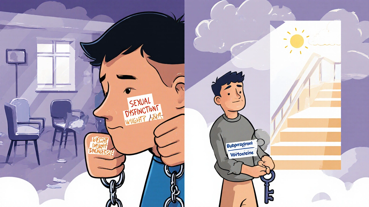 A person breaking free from chains of antidepressant side effects, holding a key to better medication options.