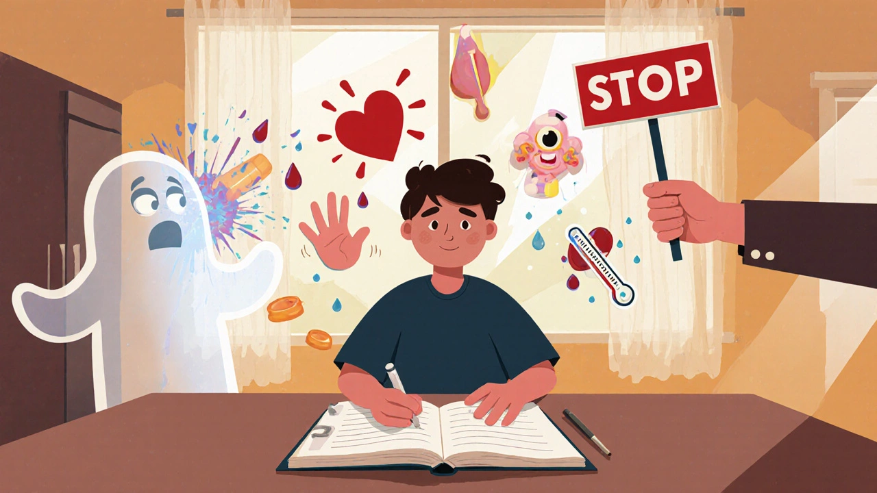 A person journaling symptoms of serotonin syndrome while SAMe and antidepressant molecules collide behind them.